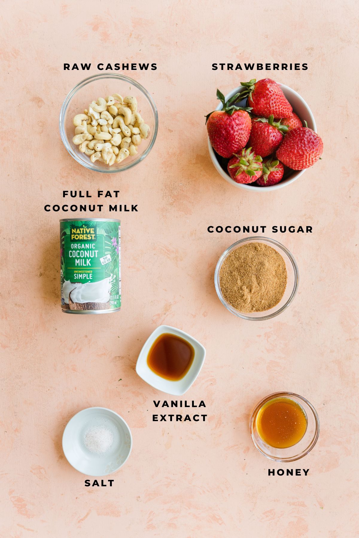 Ingredients measured out for dairy free strawberry ice cream recipe.