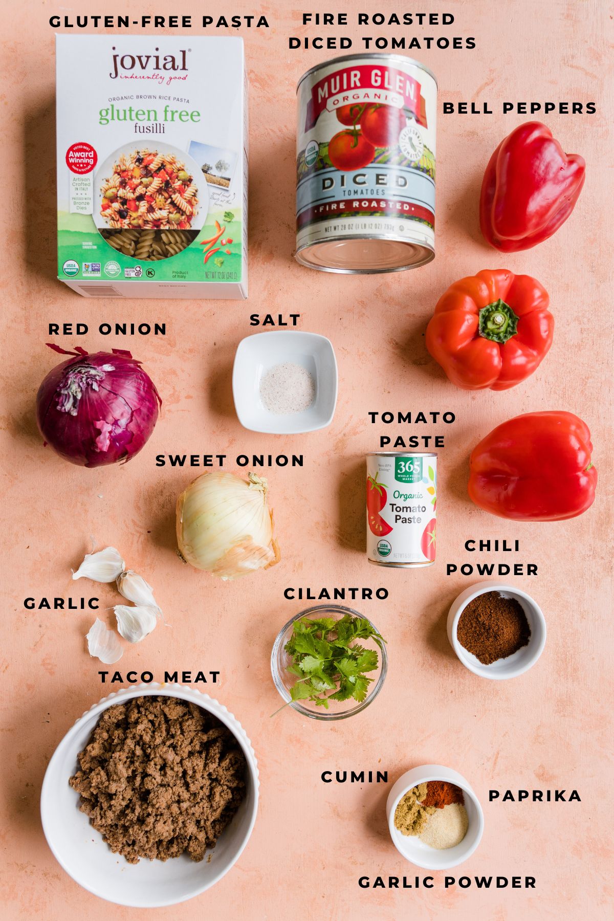 Ingredients measured out for leftover taco meat pasta dish.