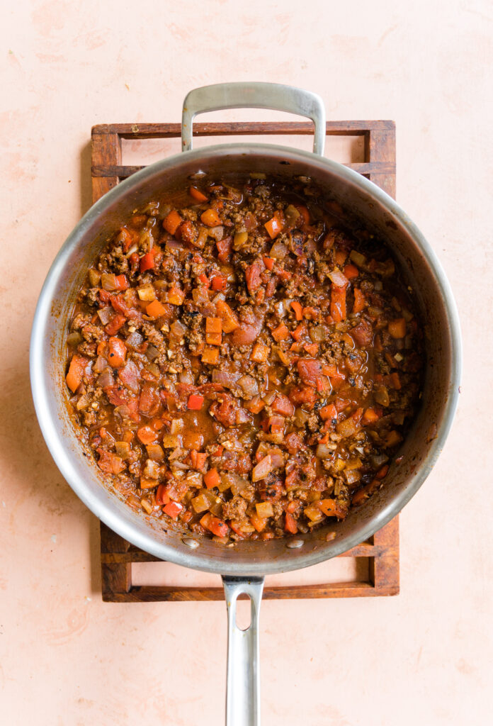 Cooked taco dinner in large pot without pasta.