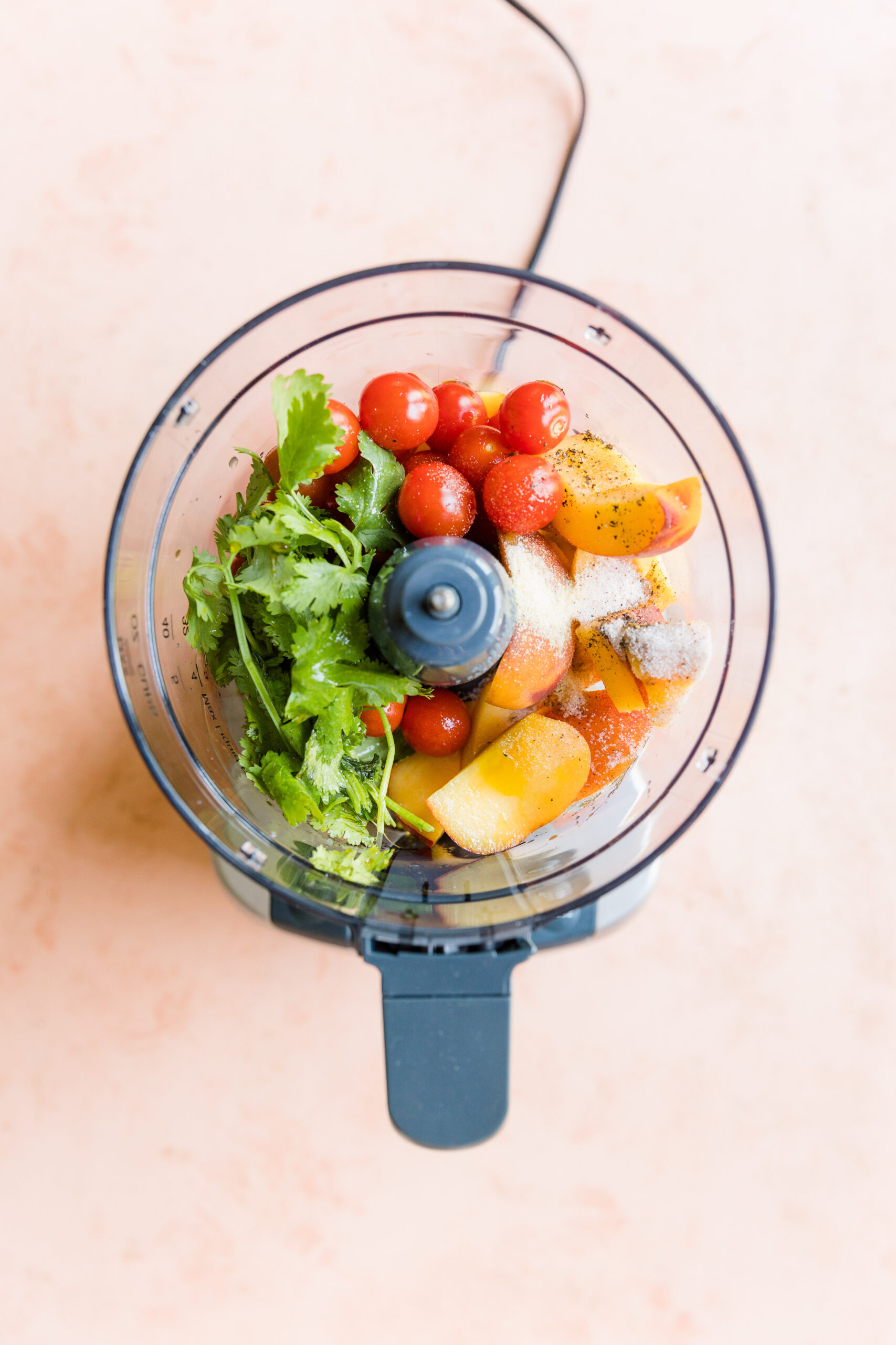Peach salsa ingredients in food processor.