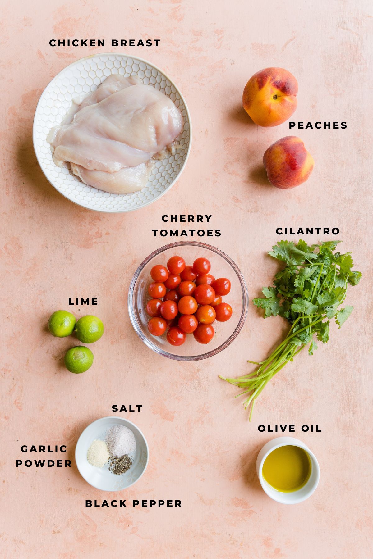 Ingredients measured out for peach salsa chicken tacos.