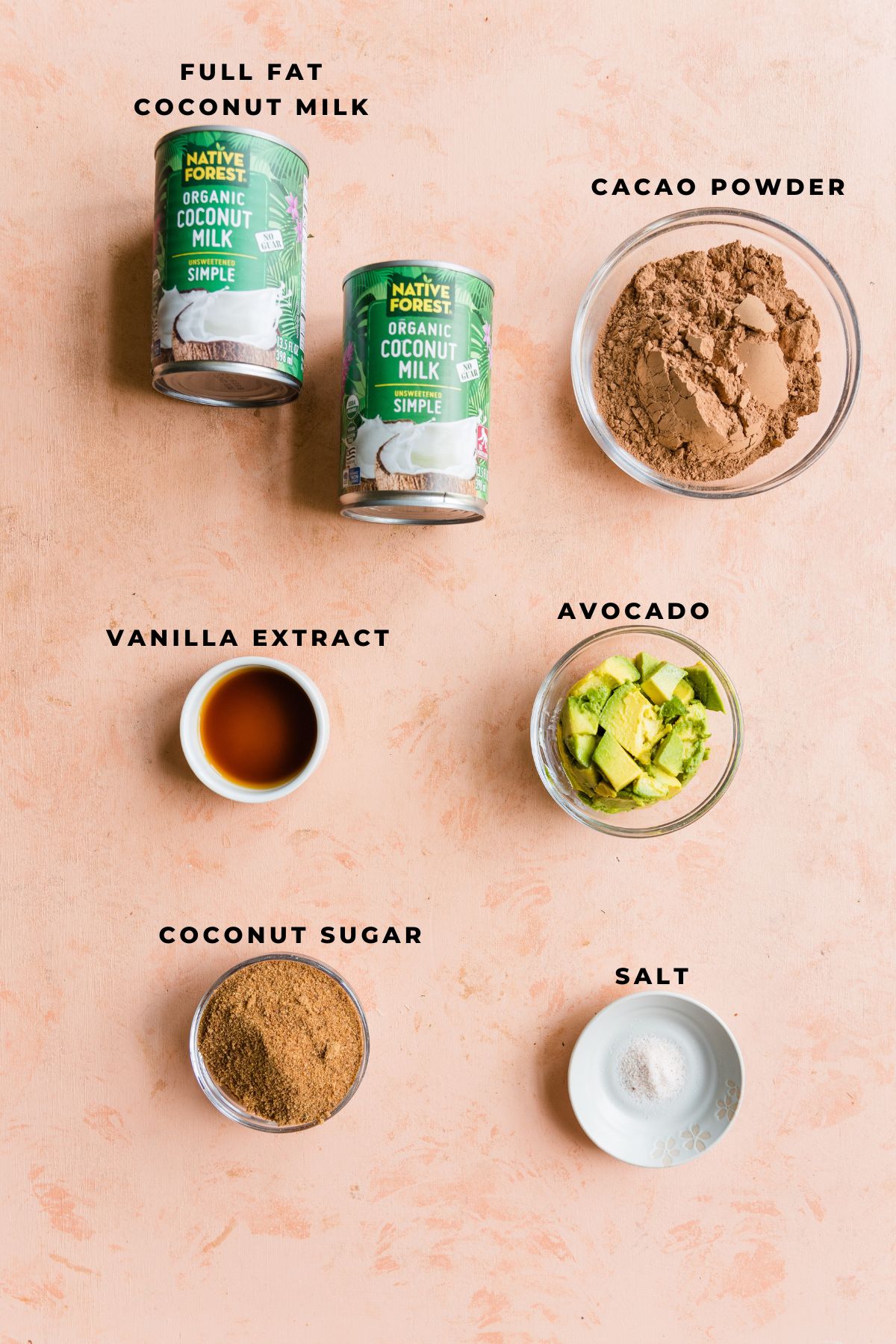 Ingredients neatly laid out in small bowls for dairy free chocolate ice cream.