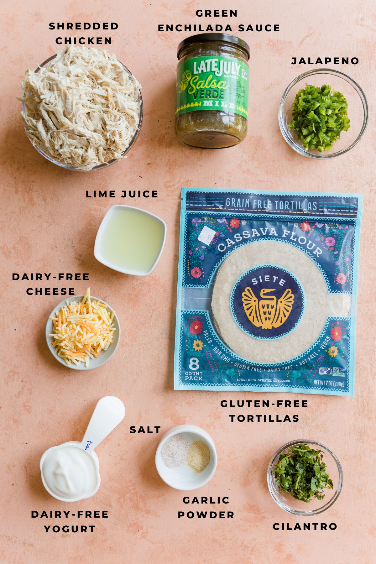 Ingredients measured out for gluten-free chicken enchiladas.
