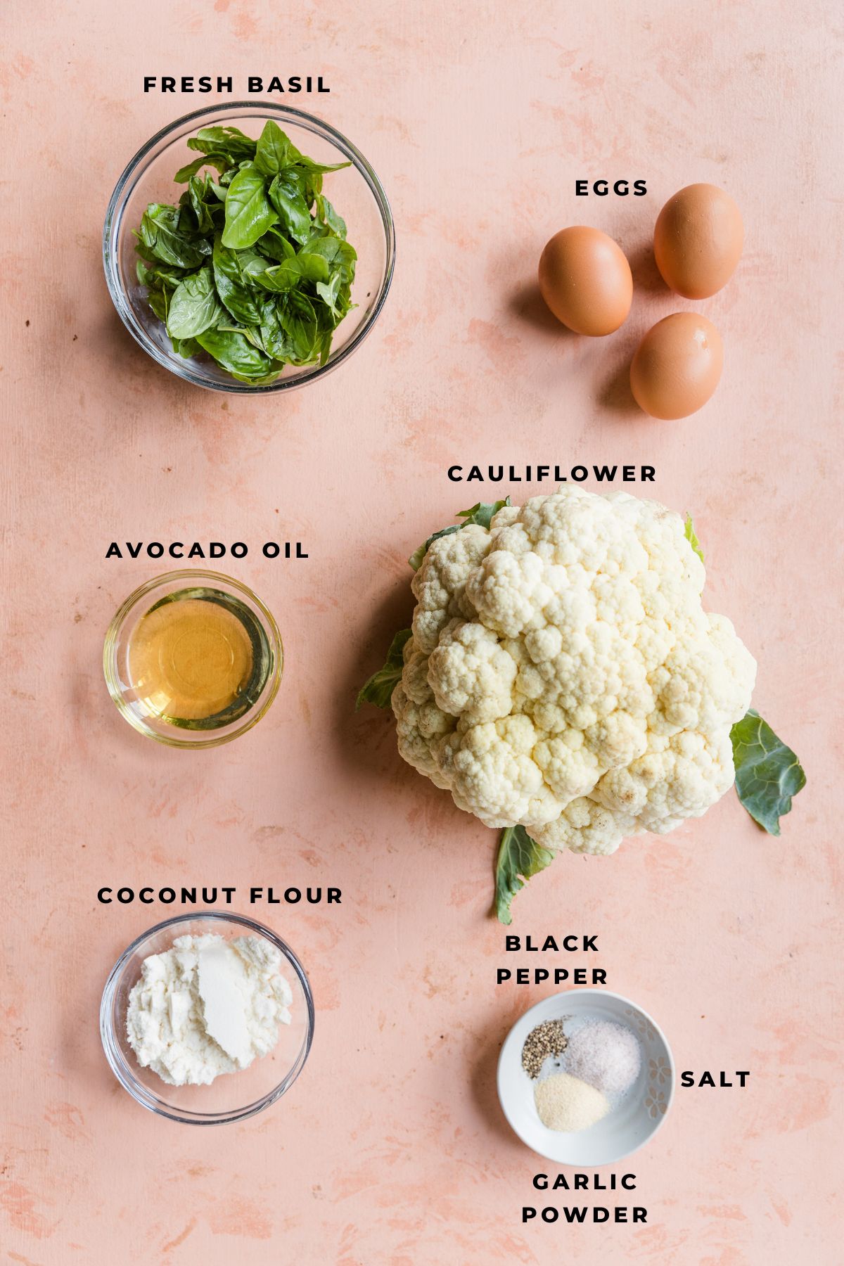 Ingredients measured out for cauliflower pizza crust.