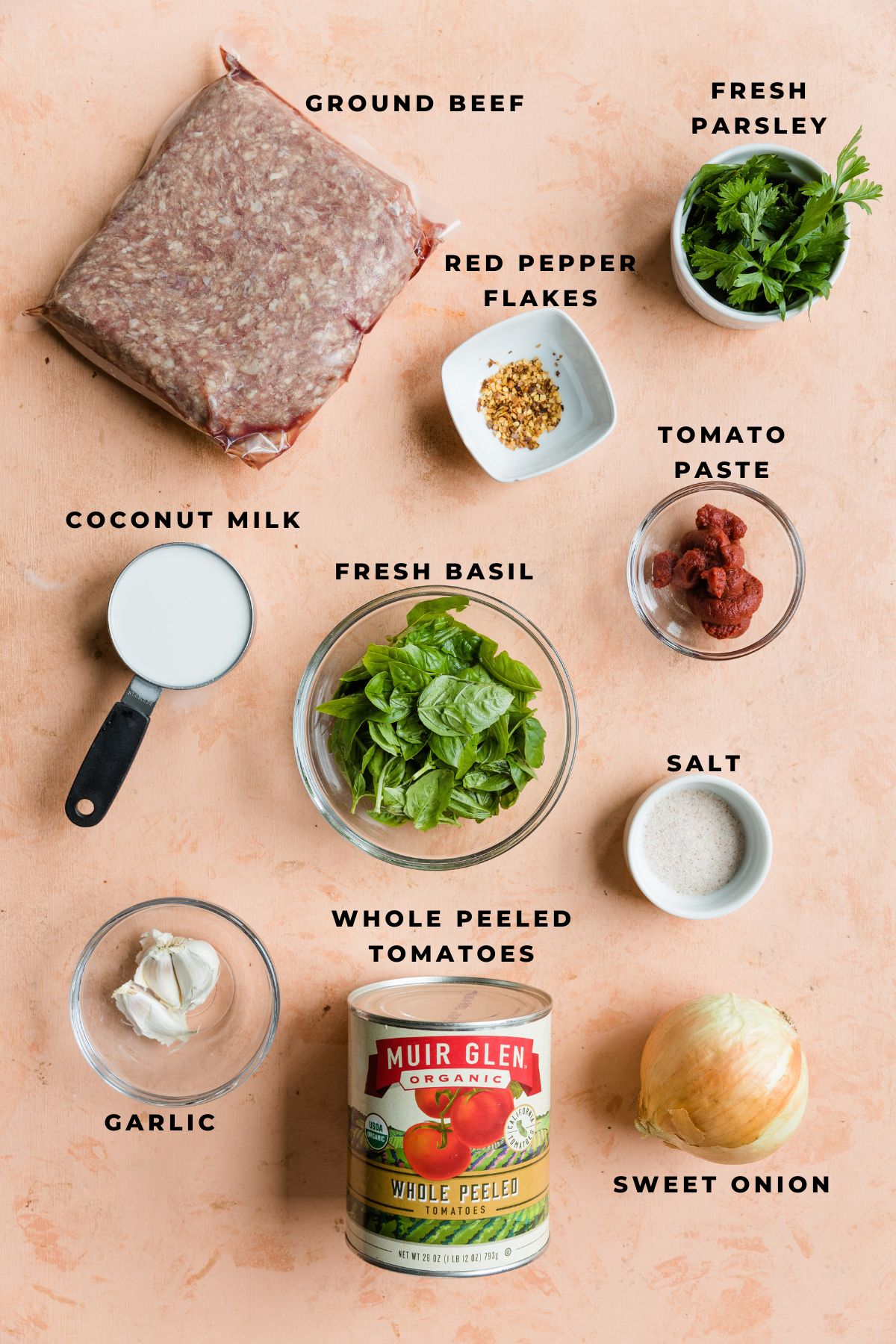 Ingredients measured out for homemade meat sauce.