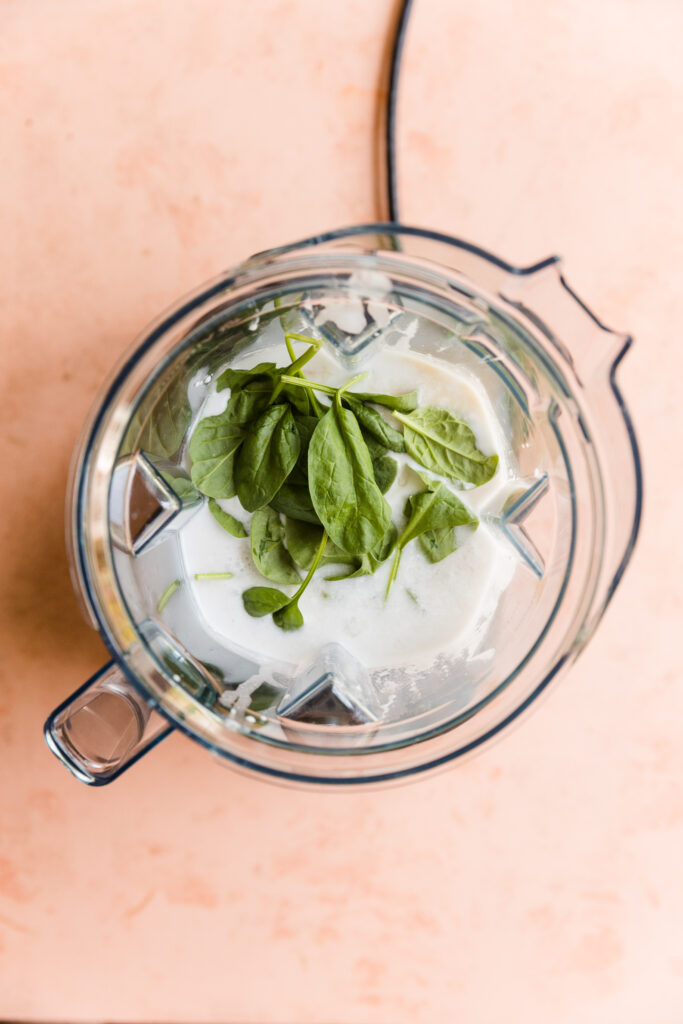 Vegan mint chocolate chip ice cream ingredients in blender.