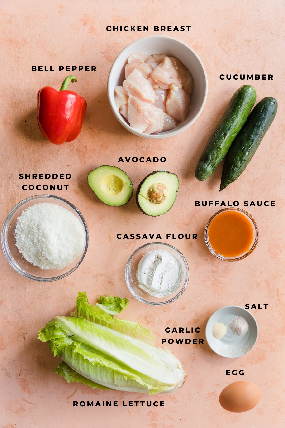 Ingredients measured out for crispy buffalo chicken salad.