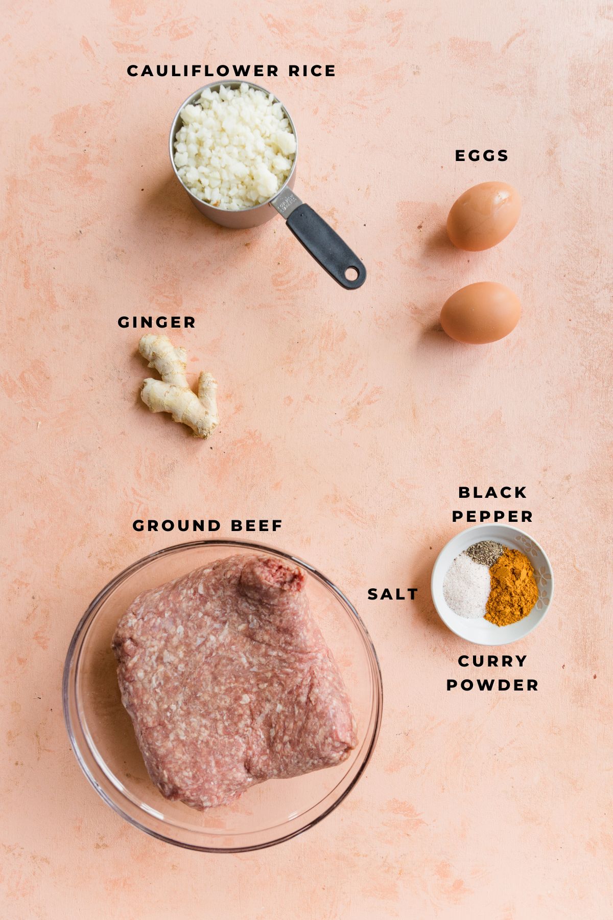 Ingredients measured out for ginger curry meatballs.
