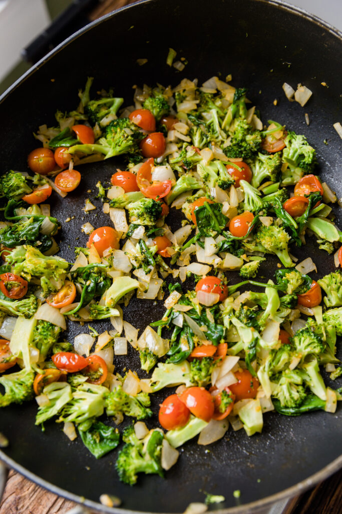 All cooked vegetables in frying pan.