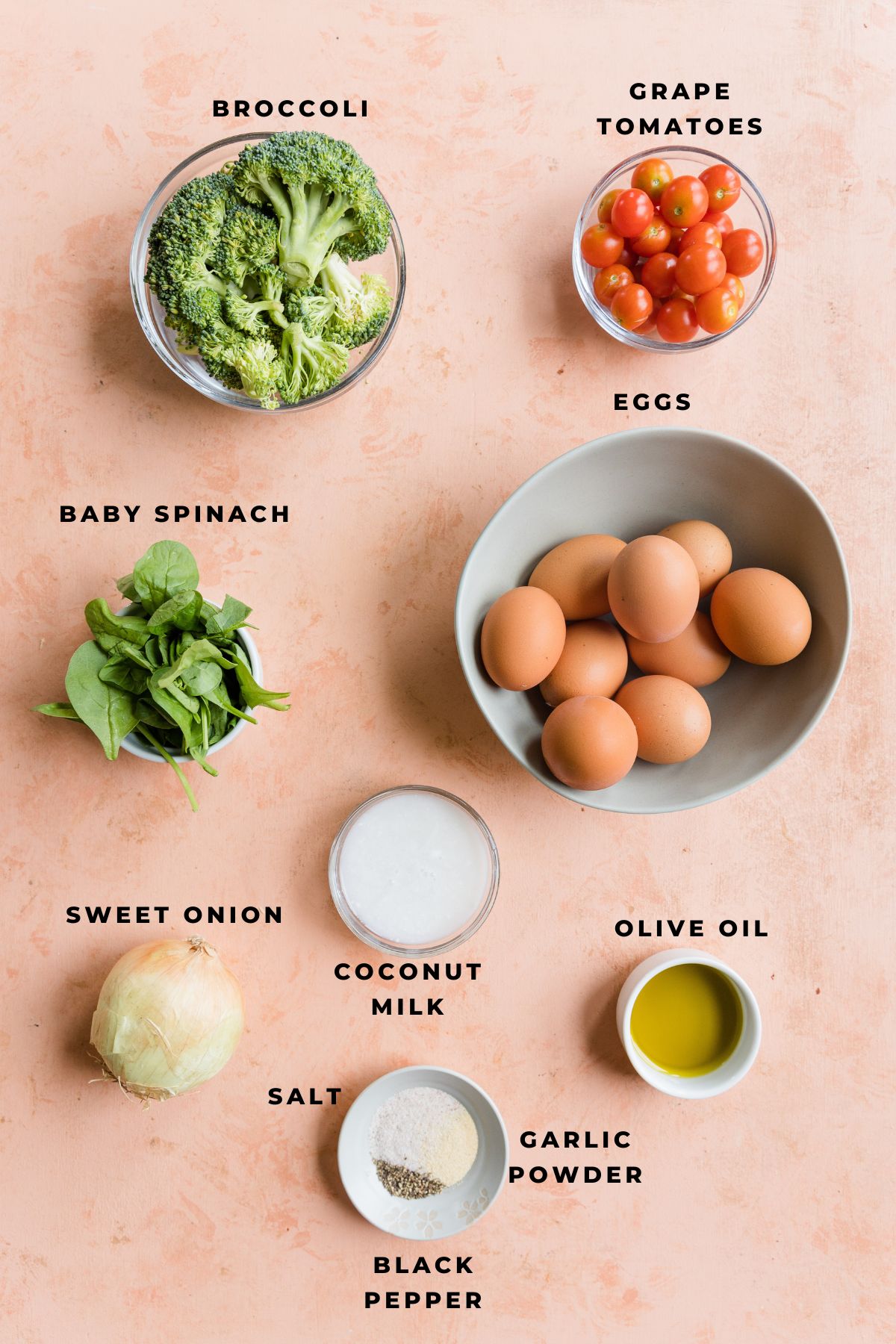 Ingredients measured out for vegetable frittata recipe.