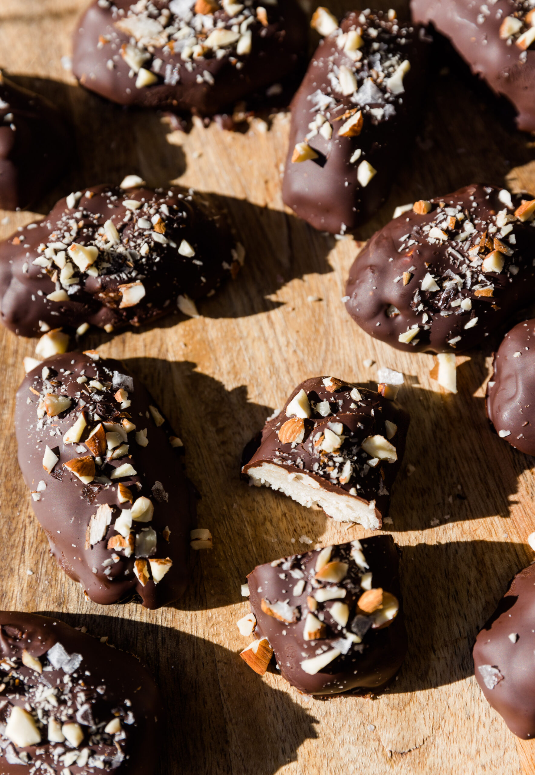 Almond joy candy bars on a wood board.