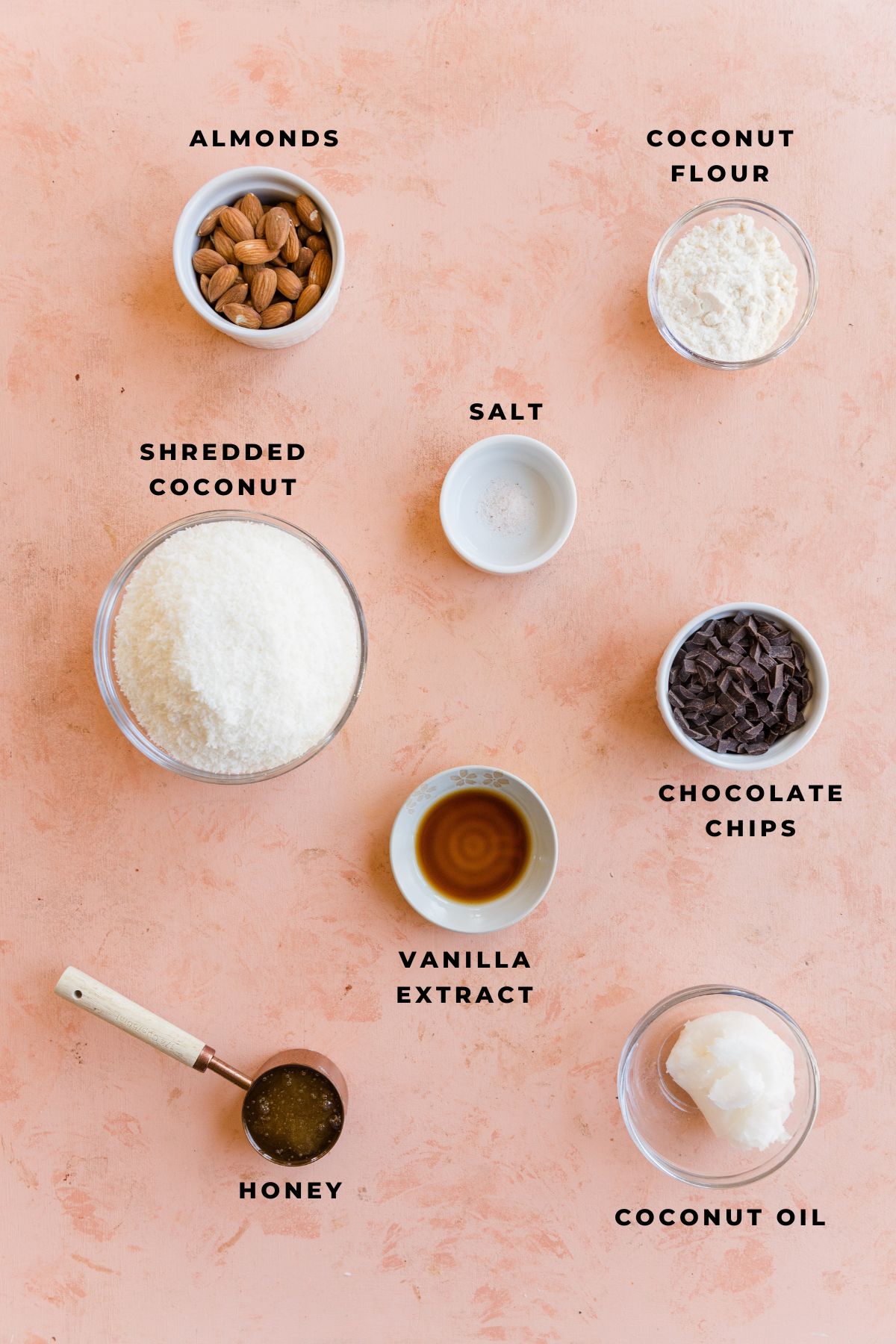 Ingredients measured out for almond joy candy bars.