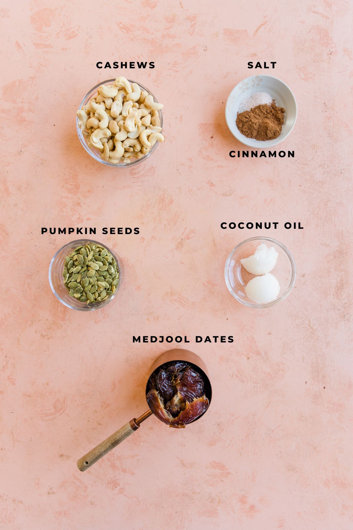 Ingredients measured out for no bake cinnamon energy balls.