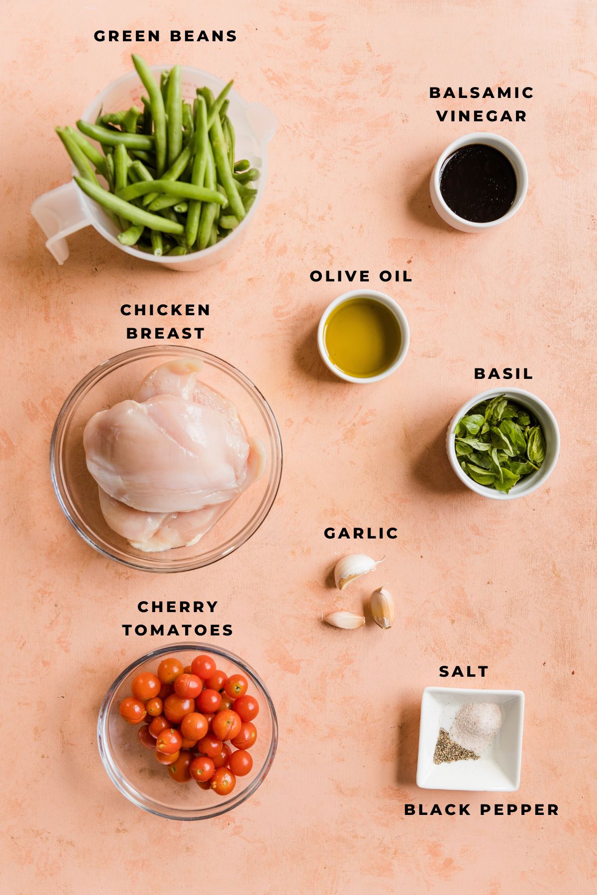 Ingredients measured out for one pan balsamic chicken.