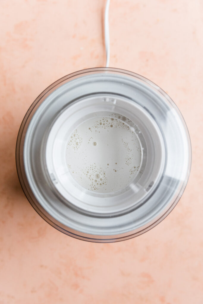 Creamy peppermint ice cream in cuisinart ice cream maker.