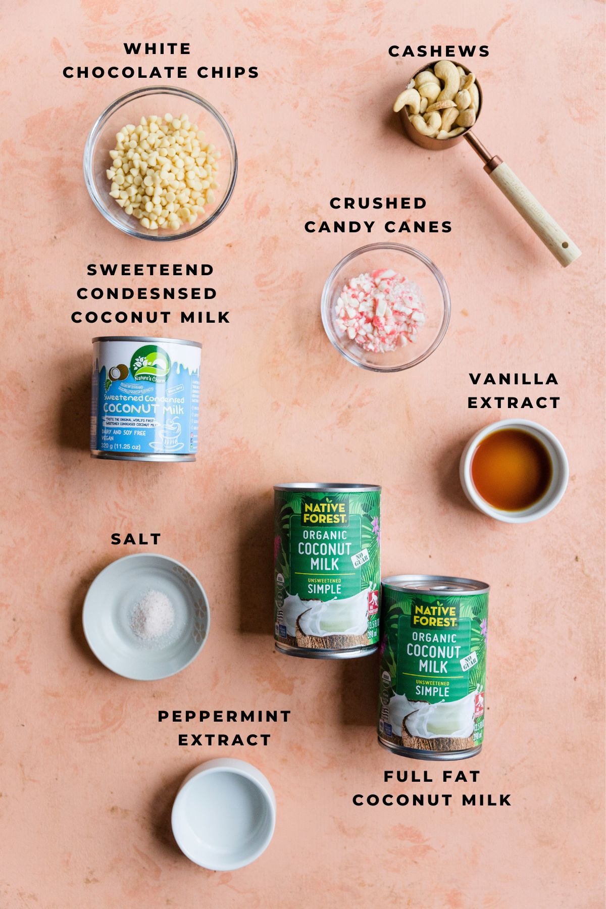 Ingredients measured out for peppermint candy cane ice cream.