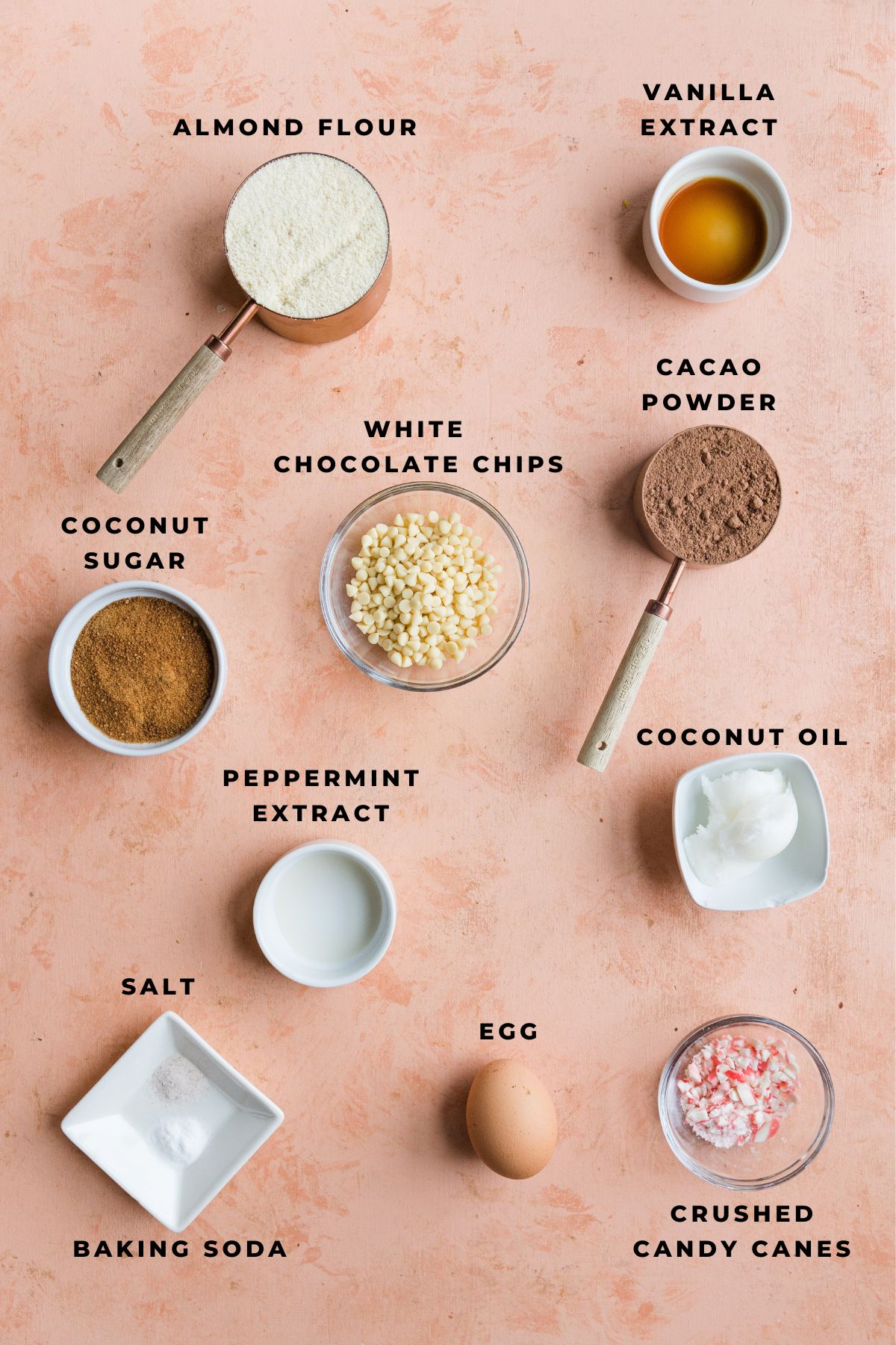 Ingredients measured out for chocolate peppermint cookies.