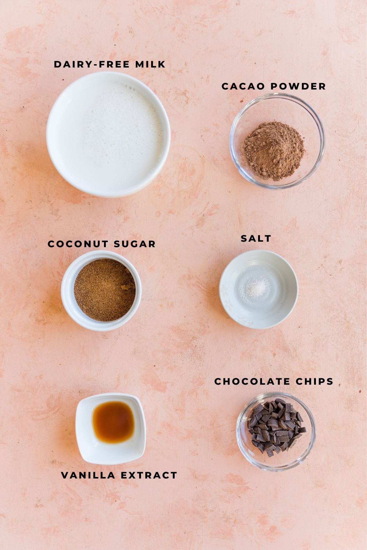 Ingredients measured out for dairy free hot chocolate recipe.