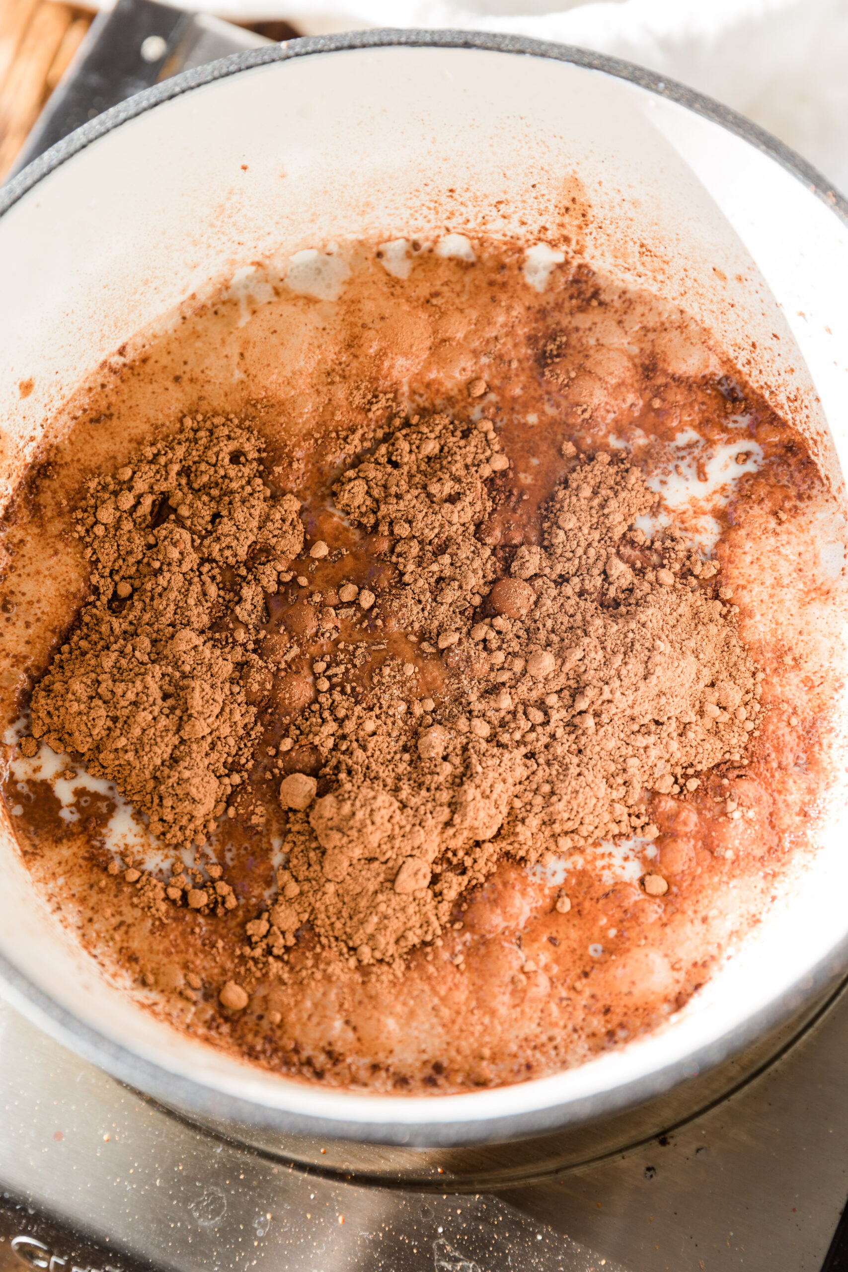 Ingredients for vegan hot chocolate in small saucepan.