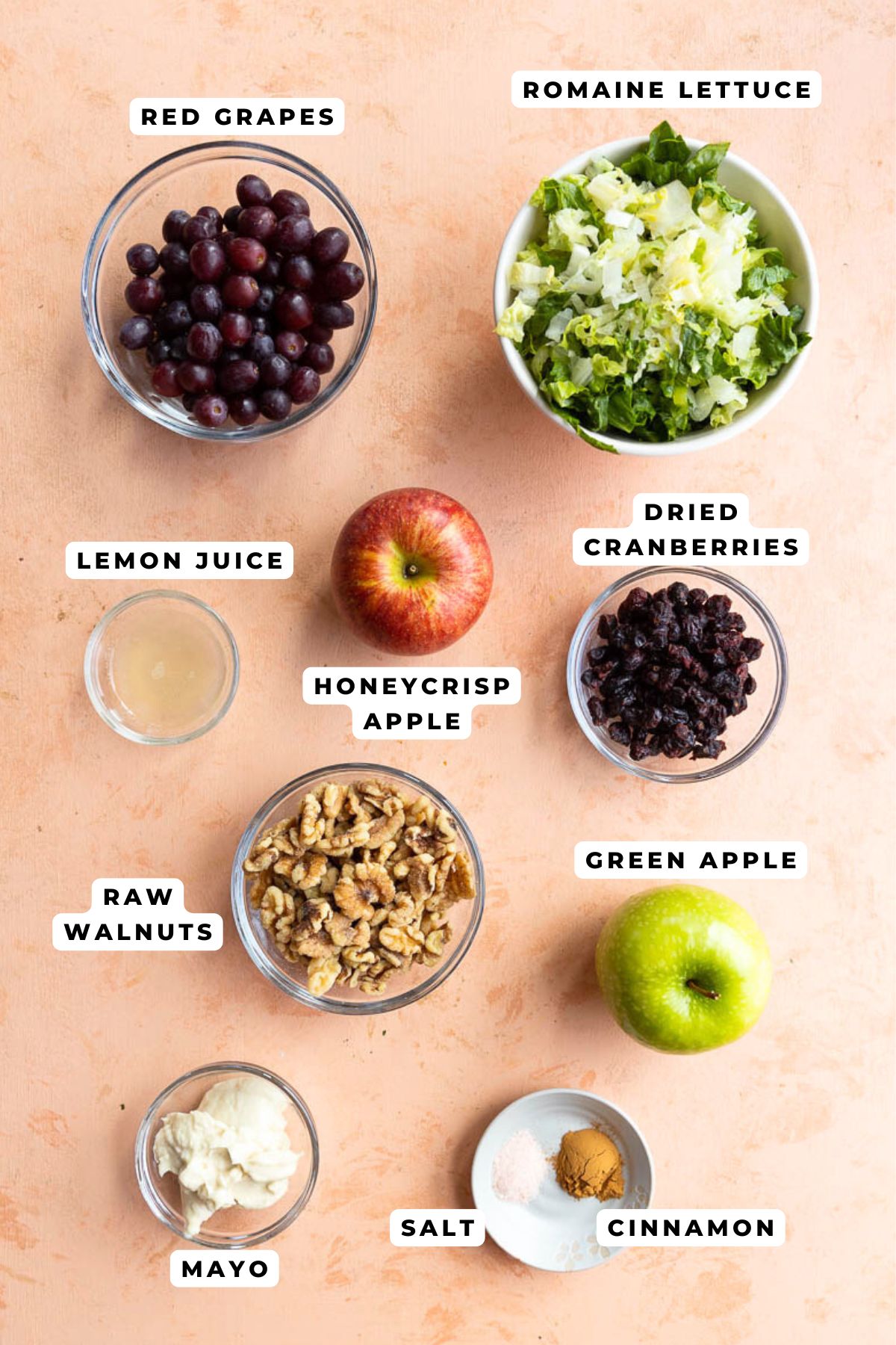 Ingredients measured out for chopped waldorf salad.